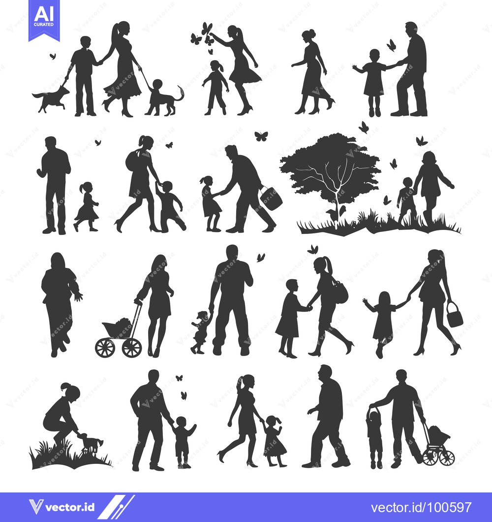 Premium Vector dari Silhouettes of Families with Children Walking and Playing