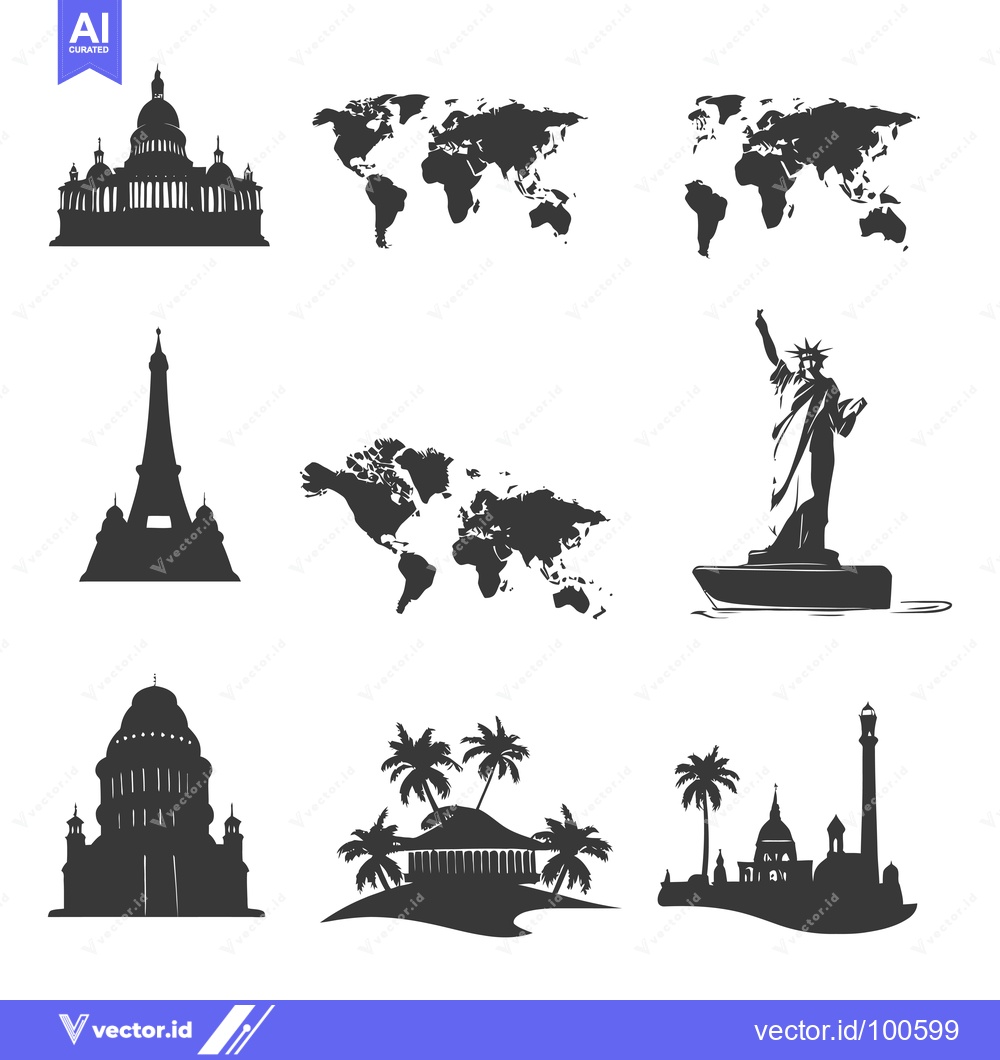 Premium Vector dari Silhouettes of Famous Landmarks and World Map