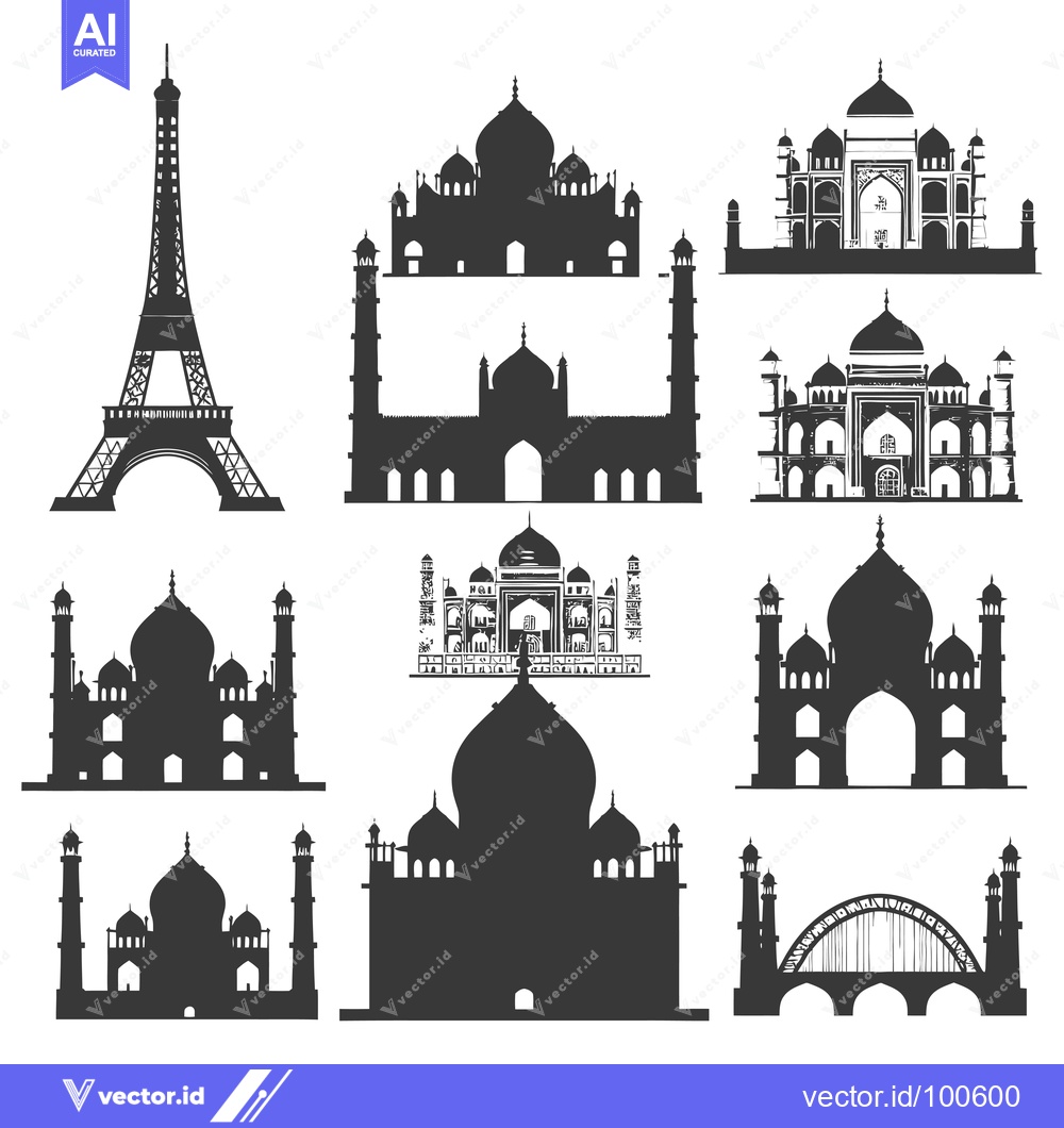 Premium Vector of Silhouettes of Famous Landmarks: The Eiffel Tower and Mosques