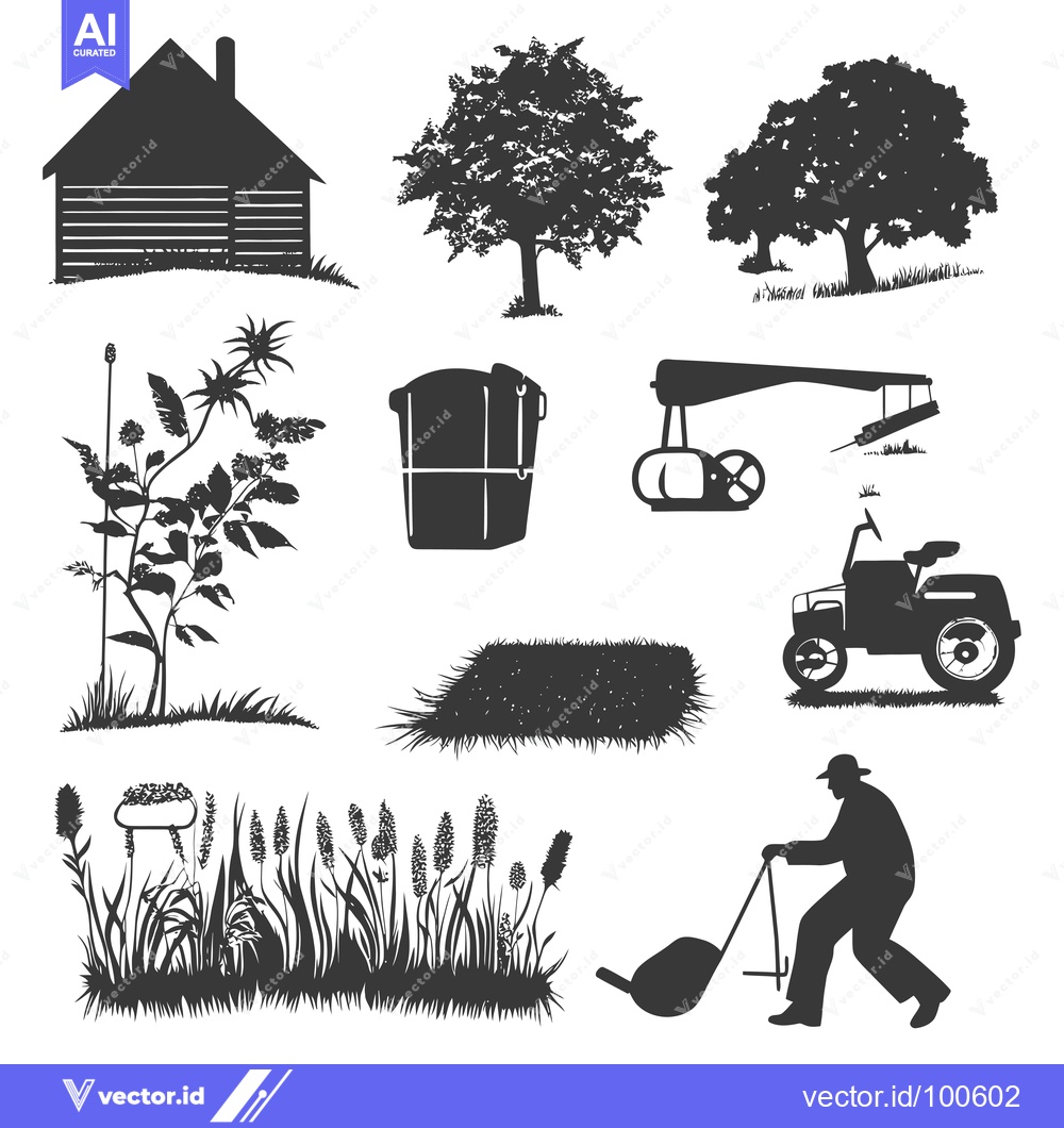 Premium Vector dari Silhouettes of Farm Elements, Including a House, Trees, Plants, Hay, T