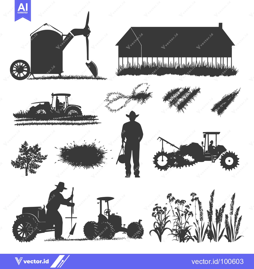 Premium Vector dari Silhouettes of Farm Equipment, Buildings, and Farmers
