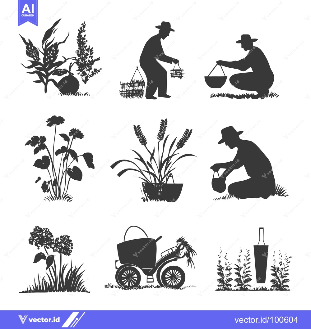 Premium Vector dari Silhouettes of Farmers Harvesting Plants and Crops with Baskets