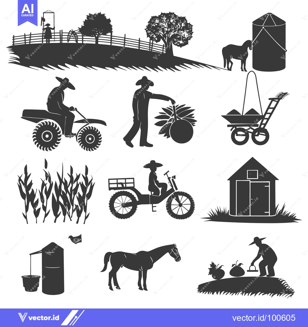 Premium Vector of Silhouettes of Farm Workers, Animals, and Buildings