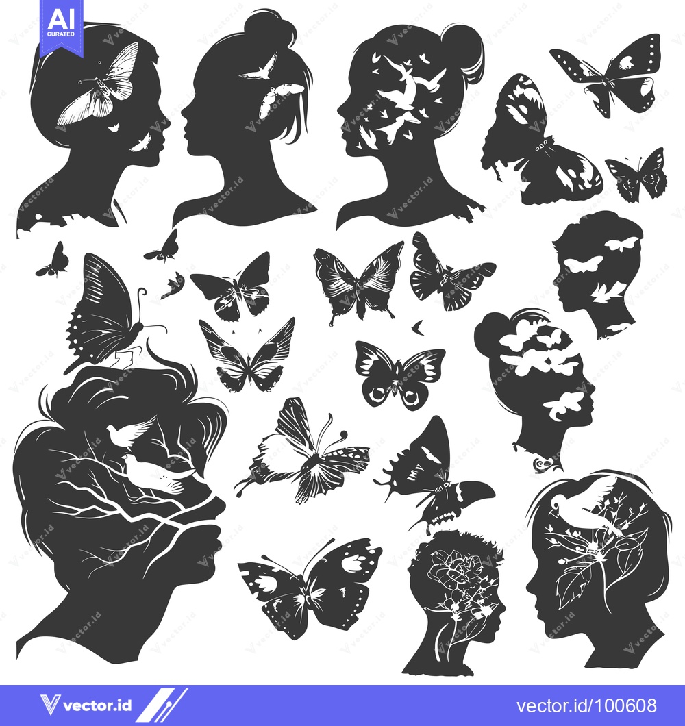 Premium Vector of Silhouettes of Female Faces with Butterflies and Birds