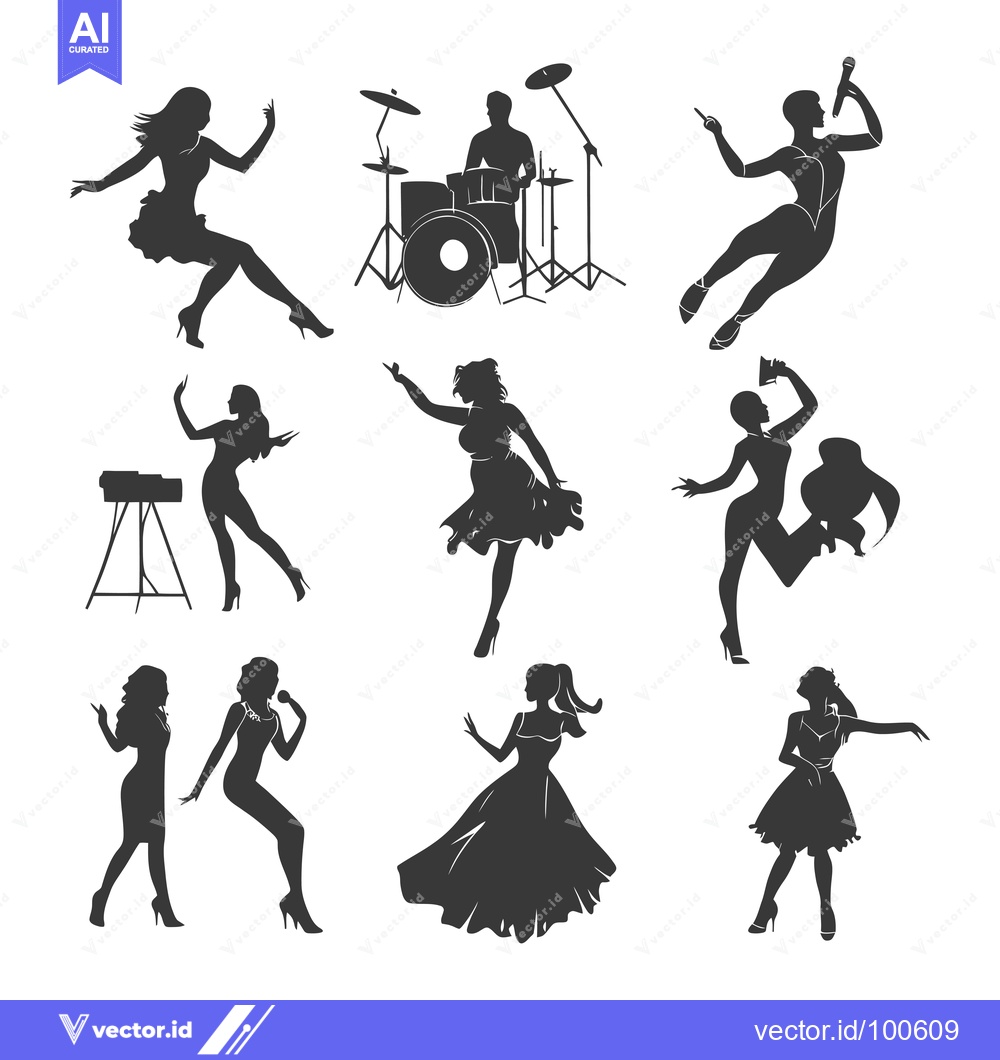 Premium Vector dari Silhouettes of Female Singers and a Drummer Performing on Stage