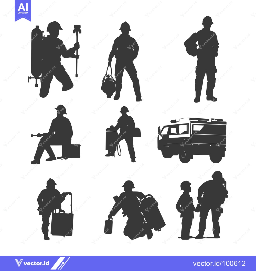 Premium Vector of Silhouettes of Firefighters and a Fire Truck