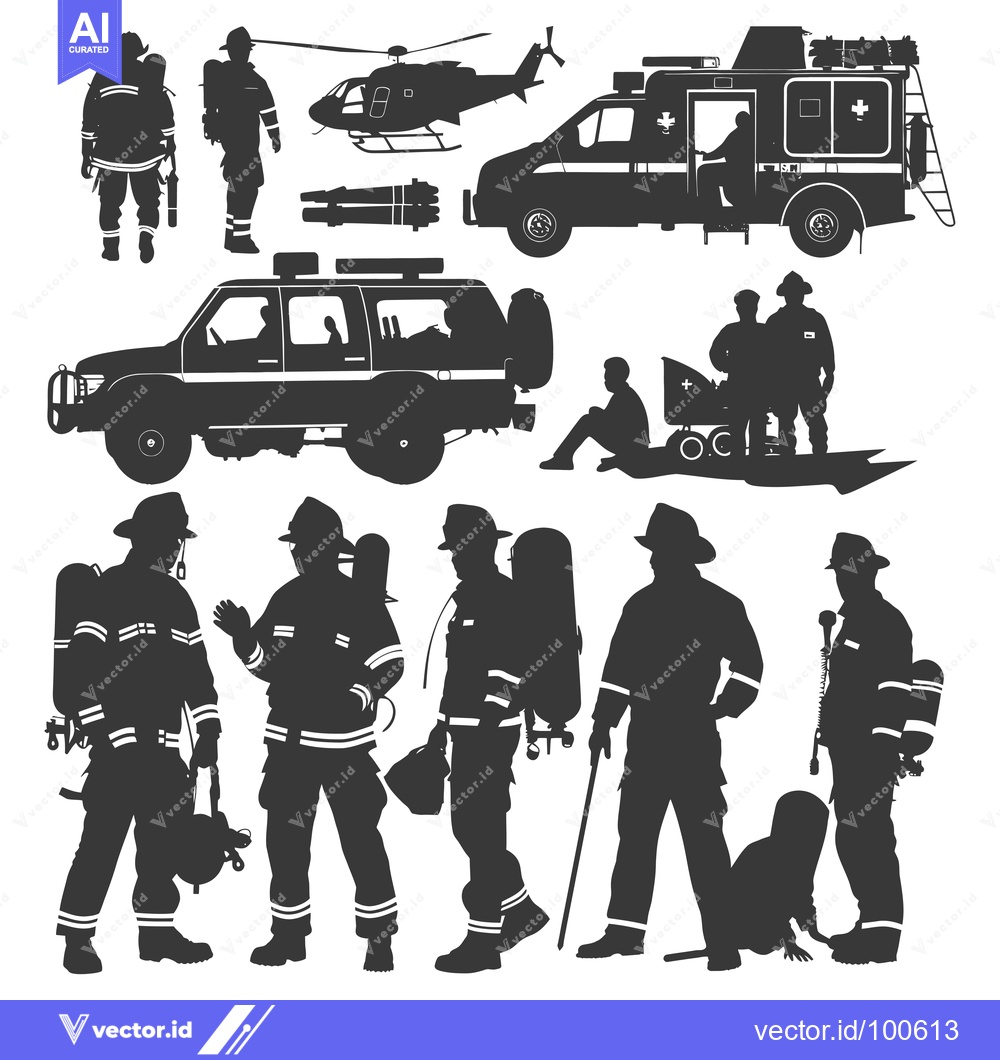 Premium Vector dari Silhouettes of Firefighters and Emergency Vehicles