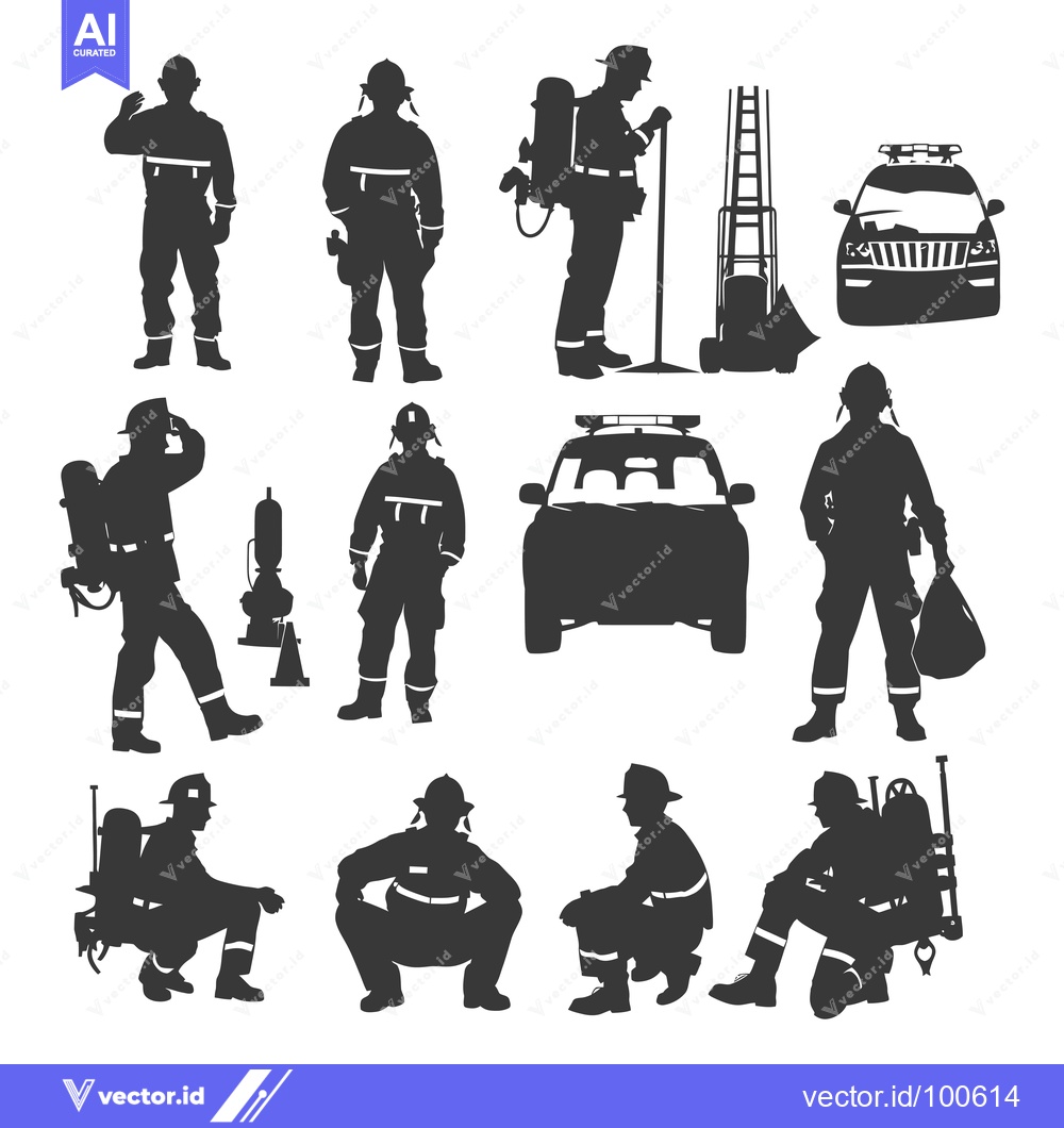 Premium Vector dari Silhouettes of Firefighters in Various Poses with Equipment and a Fire