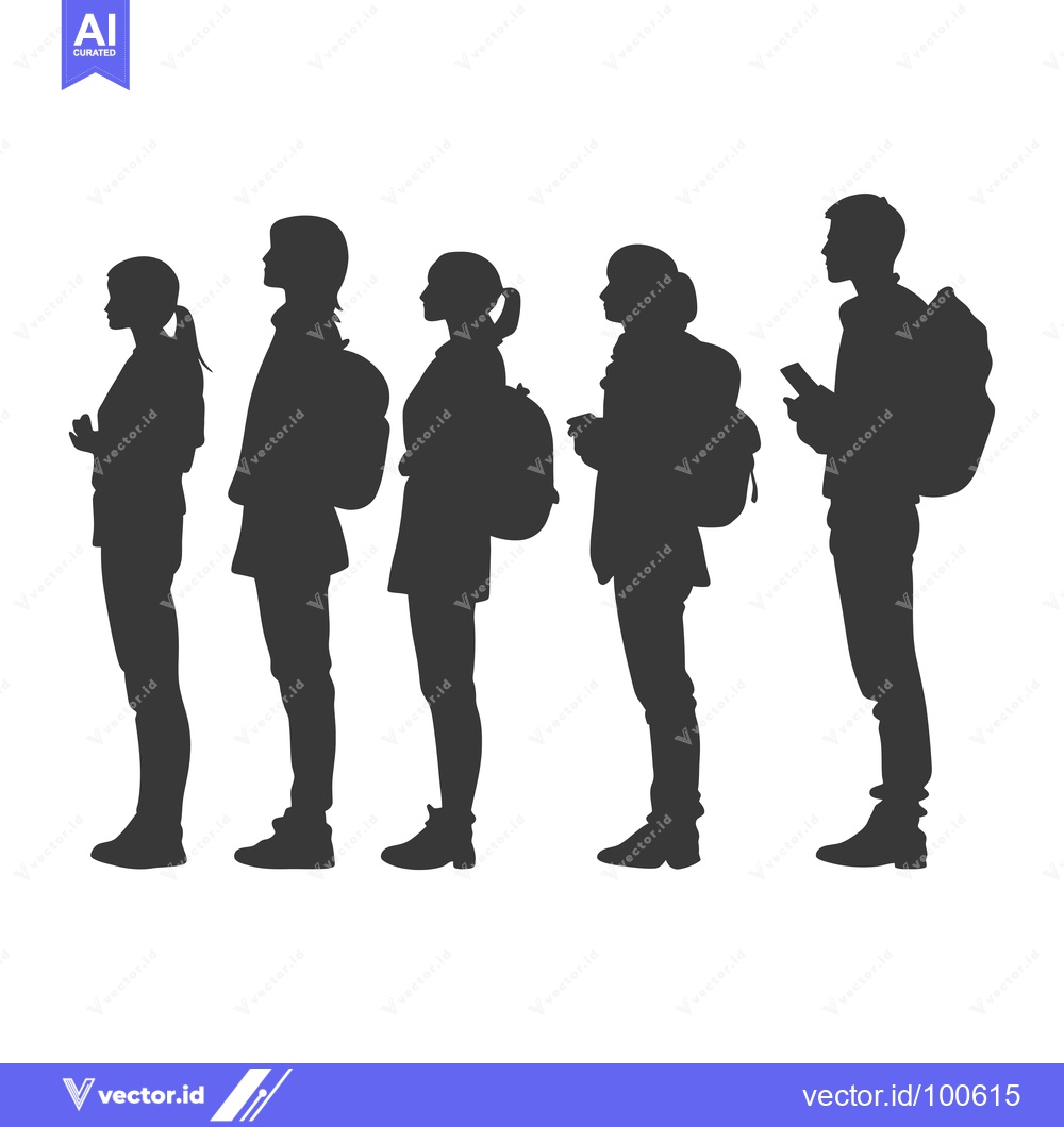 Premium Vector dari Silhouettes of Five Individuals Standing with Backpacks