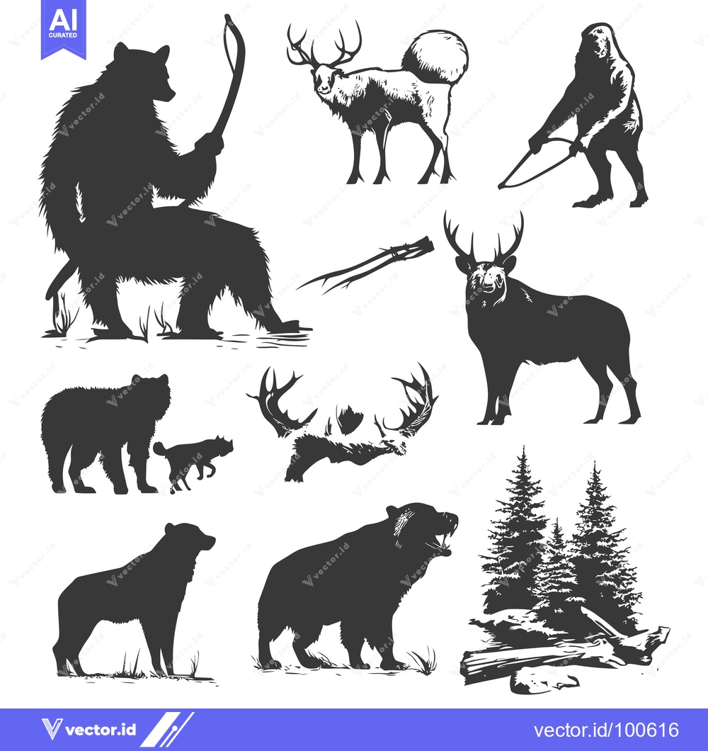 Premium Vector dari Silhouettes of Forest Animals and Nature Elements