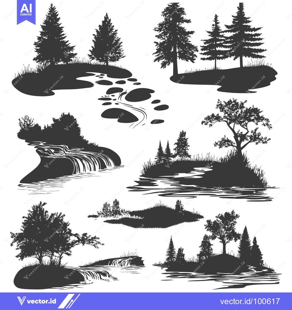 Premium Vector dari Silhouettes of Forest Landscapes with Waterfalls and Streams