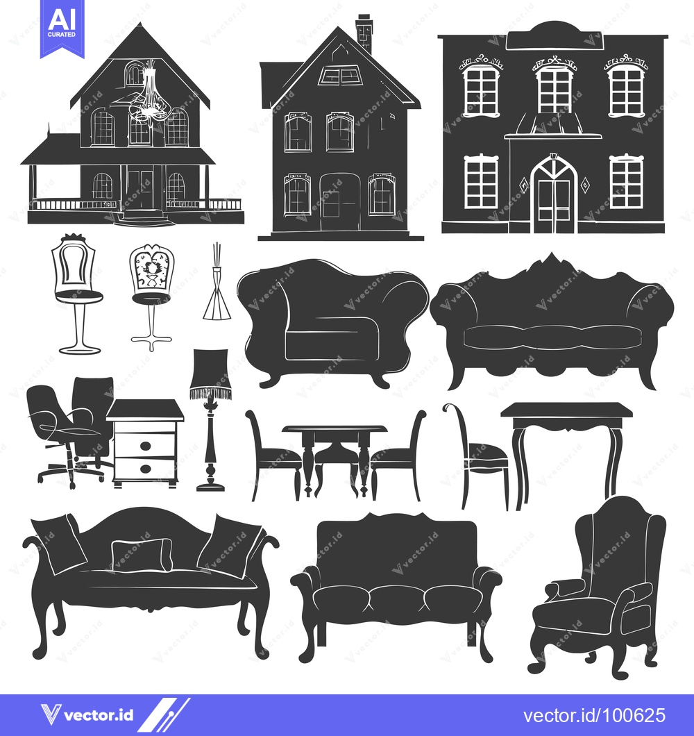 Premium Vector dari Silhouettes of Houses, Furniture, and Interior Design Elements