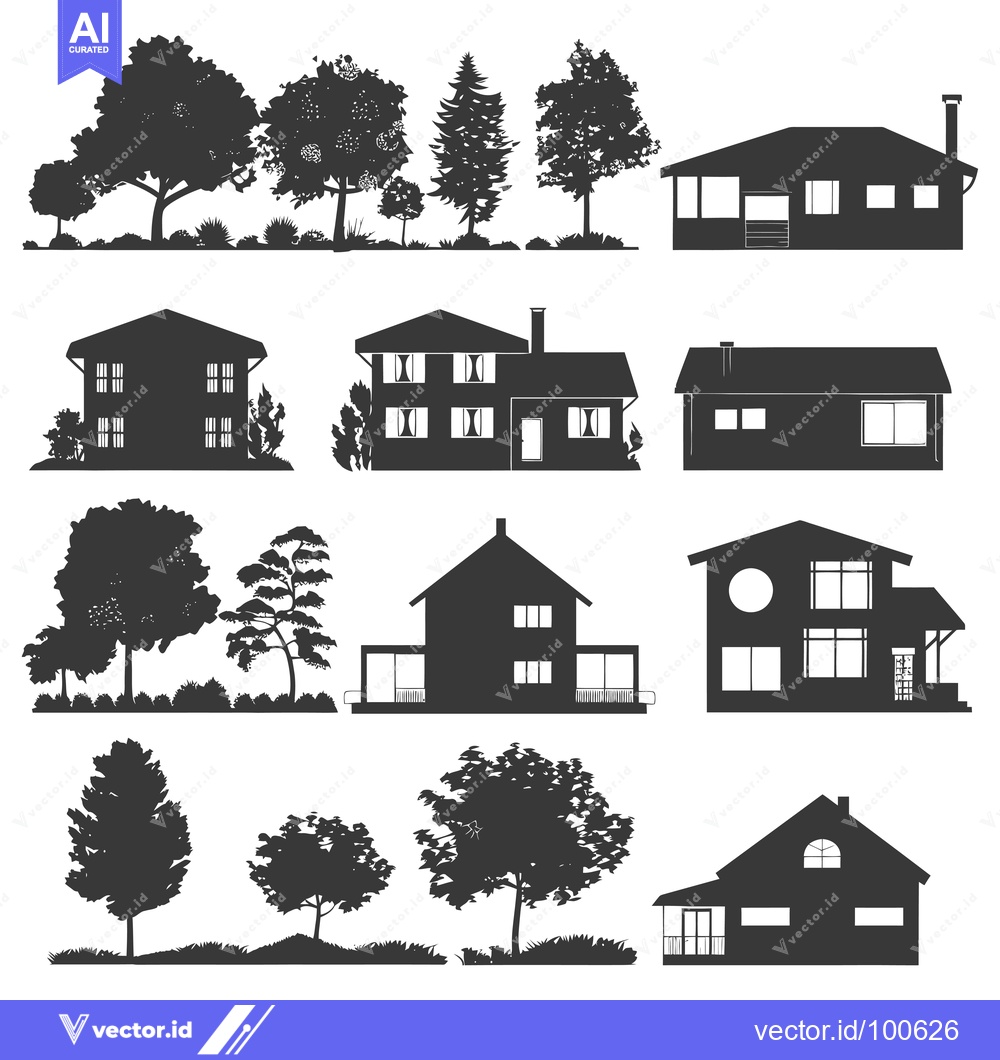 Premium Vector dari Silhouettes of Houses with Trees and Landscaping
