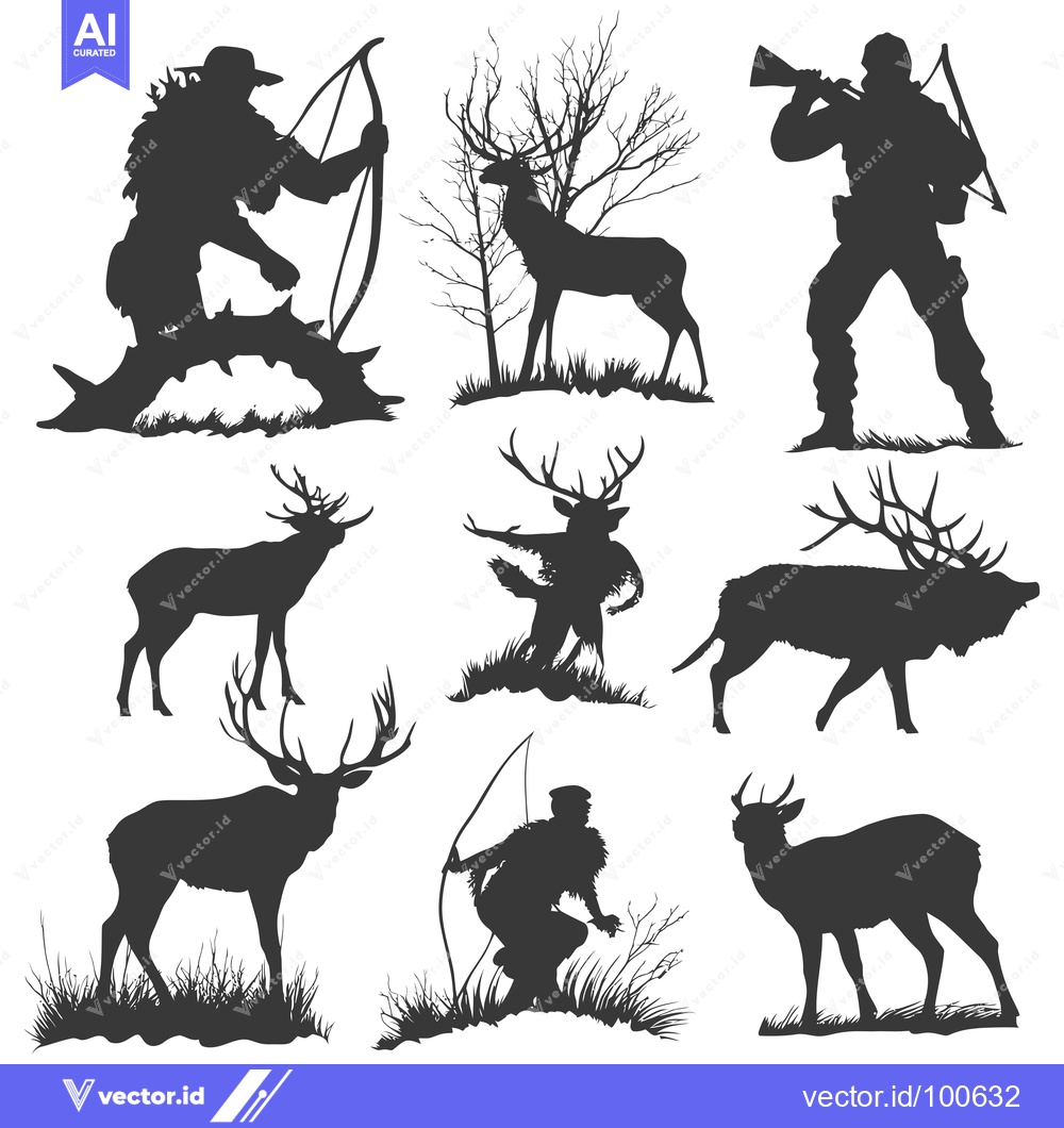 Premium Vector of Silhouettes of Hunters and Deer in a Forest Setting