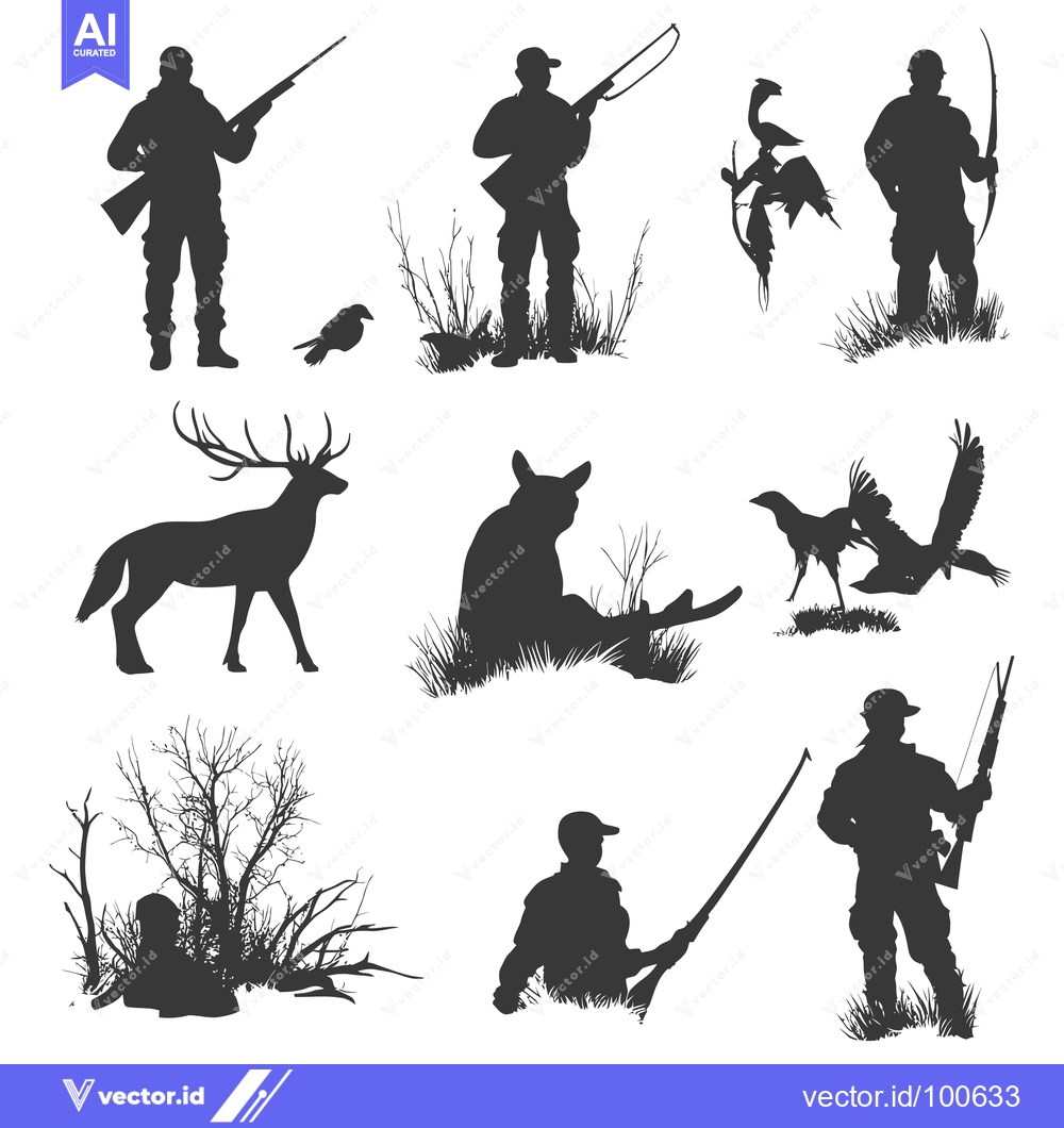 Premium Vector dari Silhouettes of Hunters, Deer, and Birds in a Forest Setting