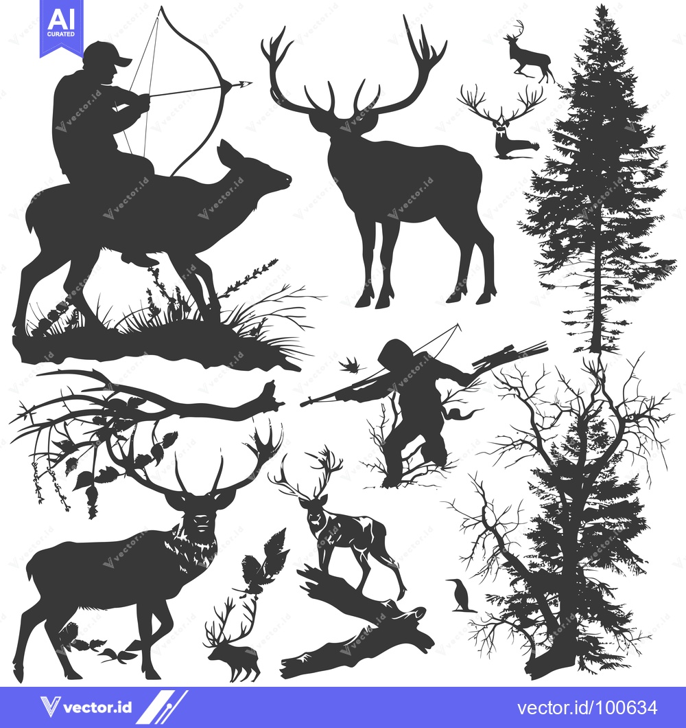 Premium Vector of Silhouettes of Hunters, Deer, and Trees in a Forest Setting