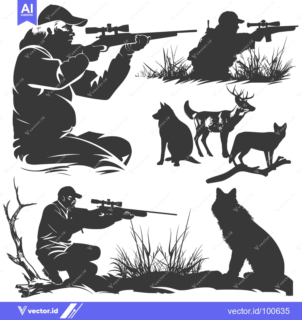Premium Vector of Silhouettes of Hunters with Rifles Aiming at Deer and Wolves in a Fore