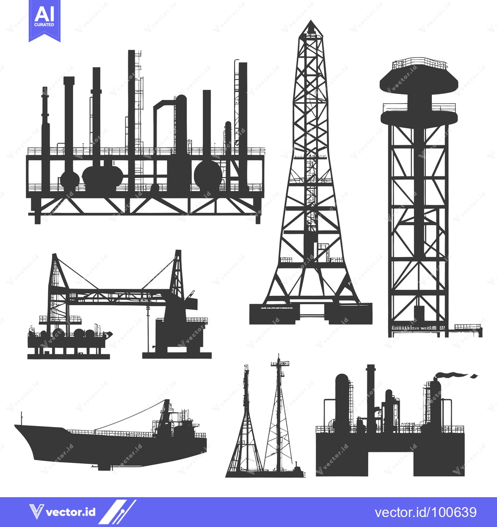 Premium Vector dari Silhouettes of Industrial Structures: Refinery, Oil Rig, Crane, and Sh
