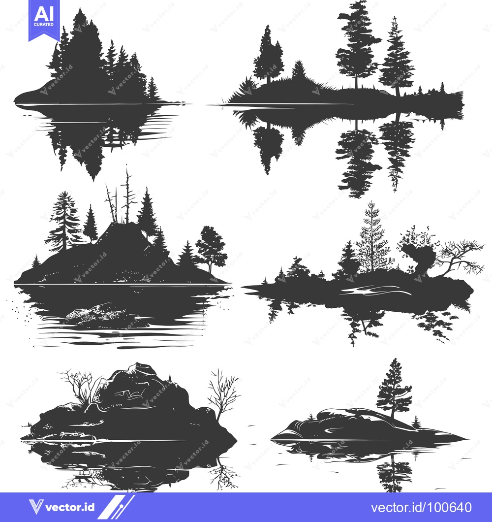 Premium Vector dari Silhouettes of Islands and Trees Reflecting in Water