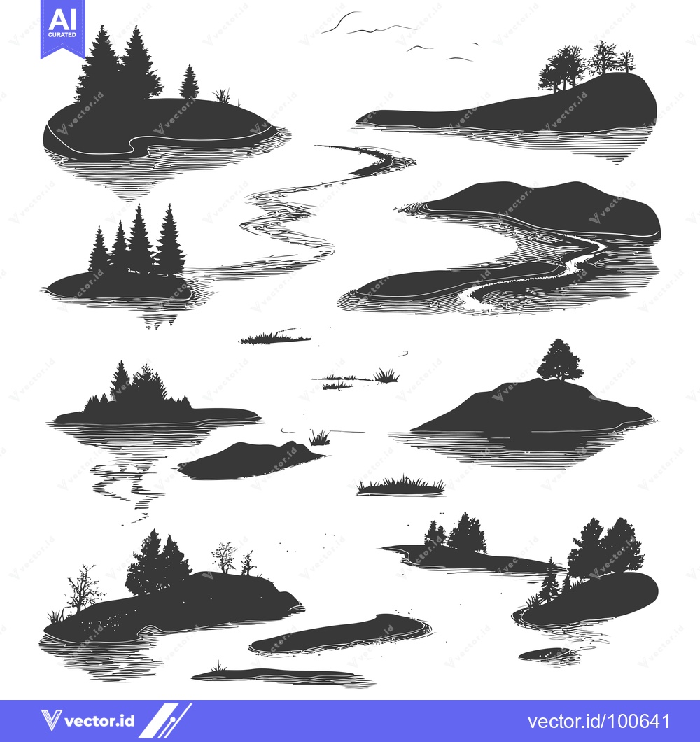 Premium Vector of Silhouettes of Islands with Trees and Water Reflecting the Landscape