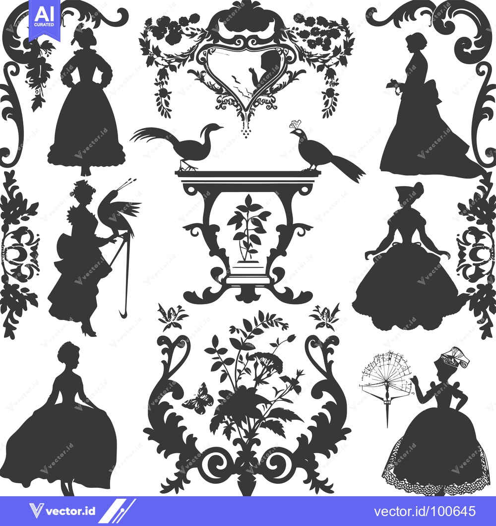Premium Vector dari Silhouettes of Ladies, Birds, and Ornamental Designs
