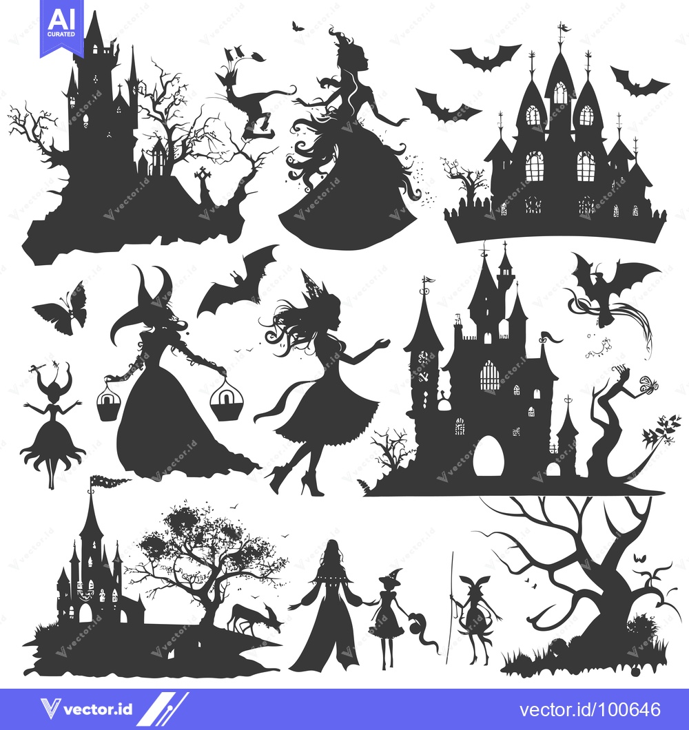 Premium Vector dari Silhouettes of Magical Characters and Castles