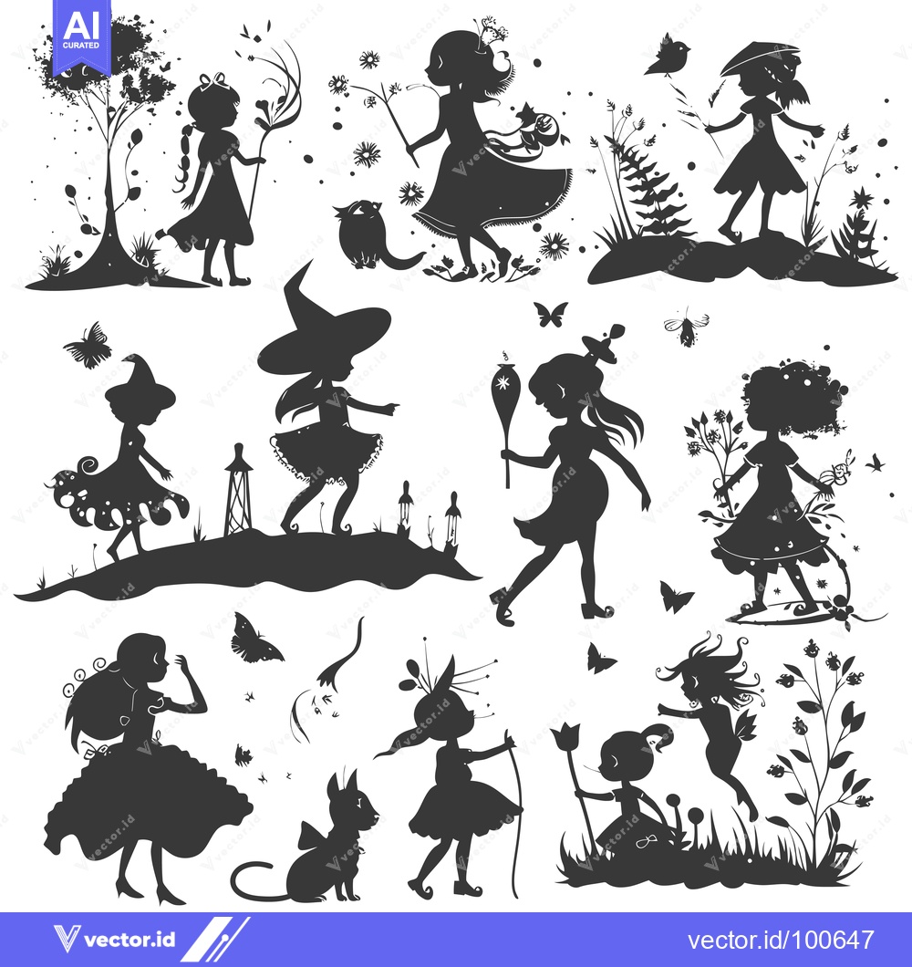 Premium Vector of Silhouettes of Magical Girls and Animals in a Whimsical Forest