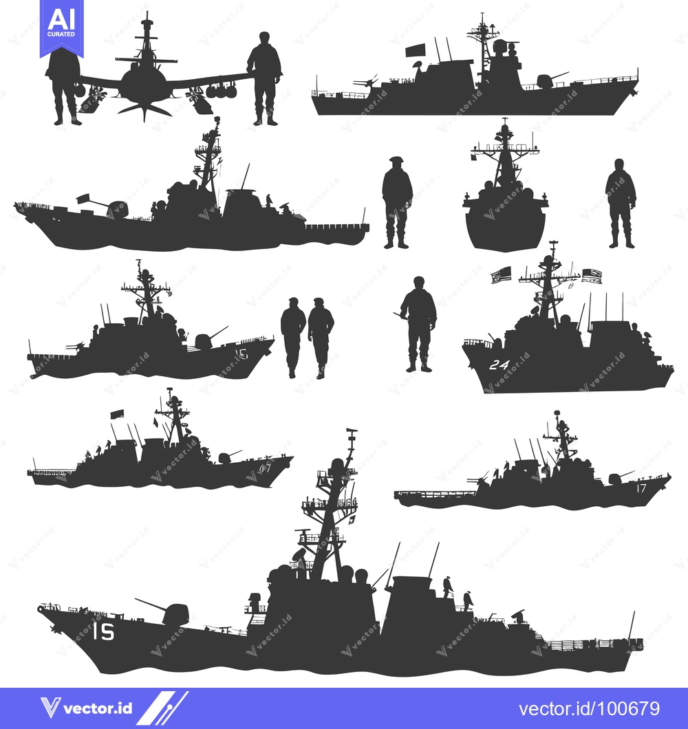 Premium Vector of Silhouettes of Military Ships and Personnel