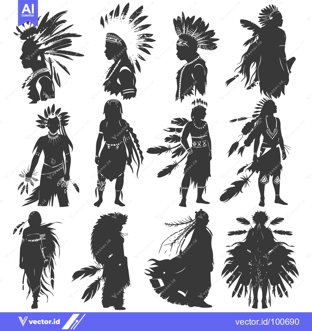 Premium Vector dari Silhouettes of Native American Warriors in Traditional Headdresses