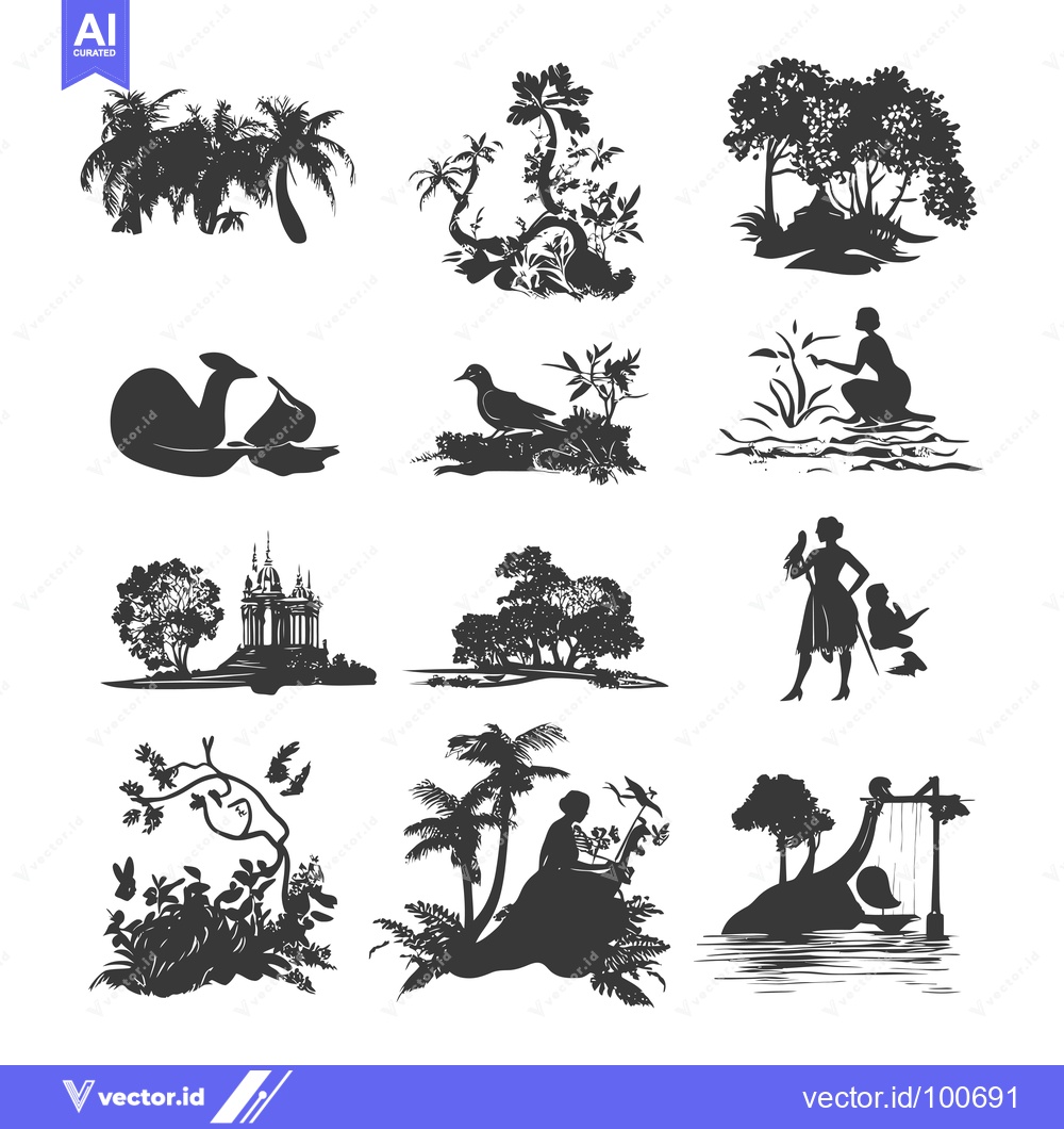 Premium Vector of Silhouettes of Nature and People in Various Settings