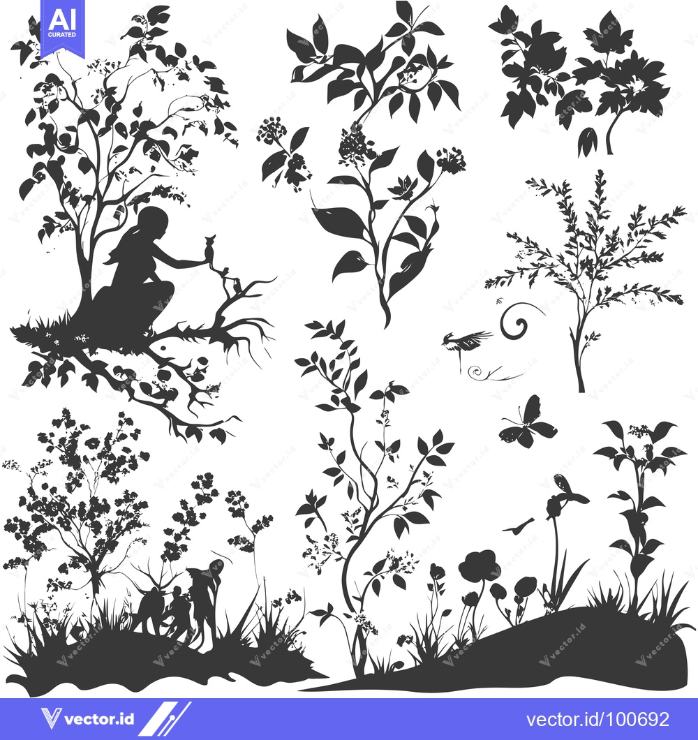 Premium Vector of Silhouettes of Nature: A Woman, Flowers, and Butterflies in a Garden S