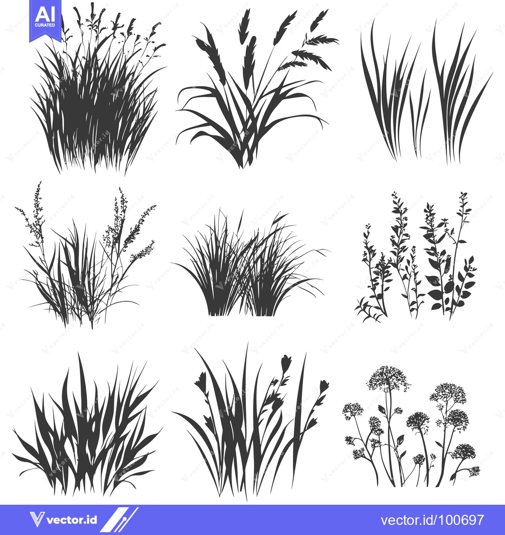 Premium Vector of Silhouettes of Nine Different Types of Grass and Wildflowers