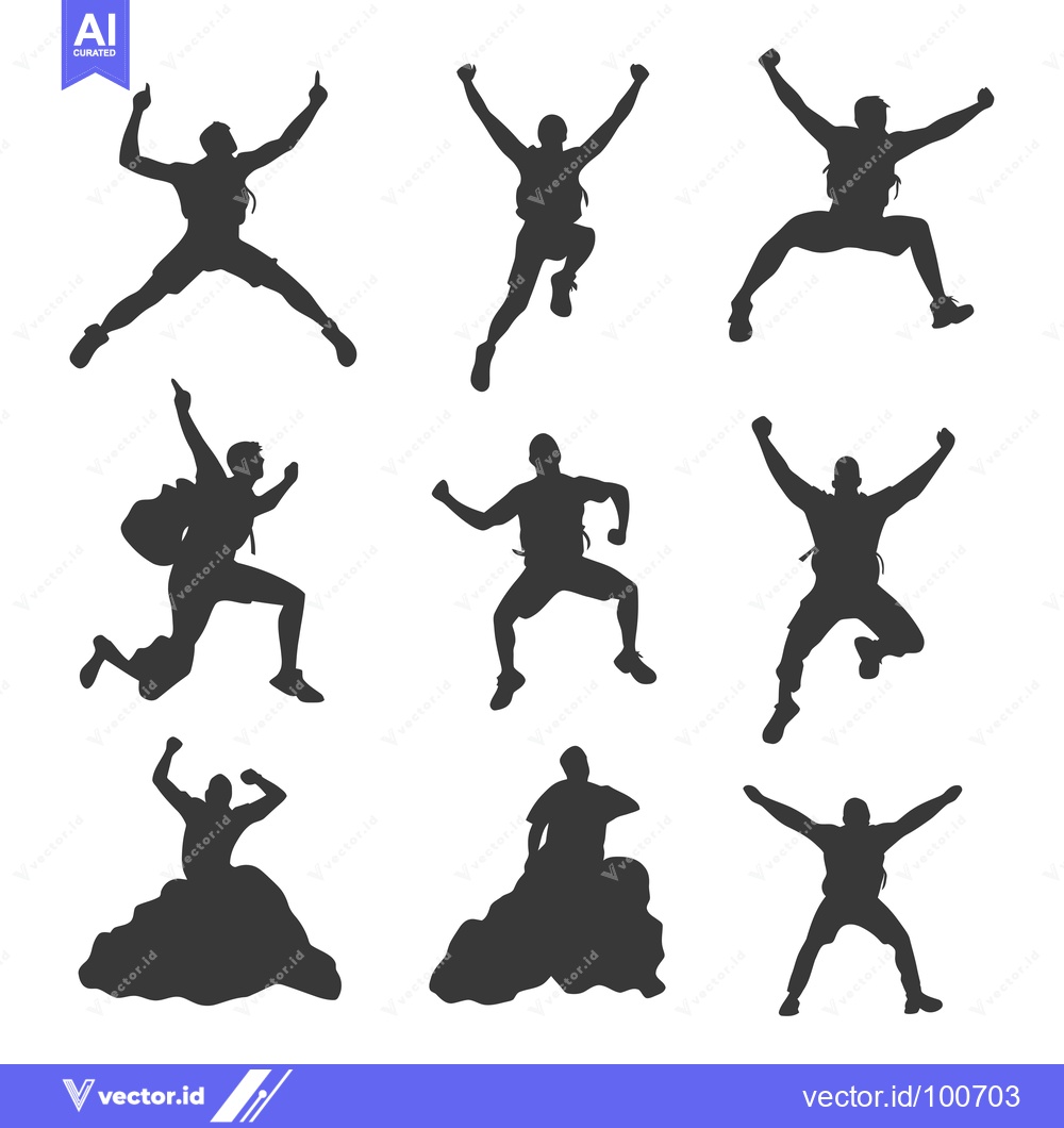 Premium Vector of Silhouettes of Nine Men Jumping with Backpacks