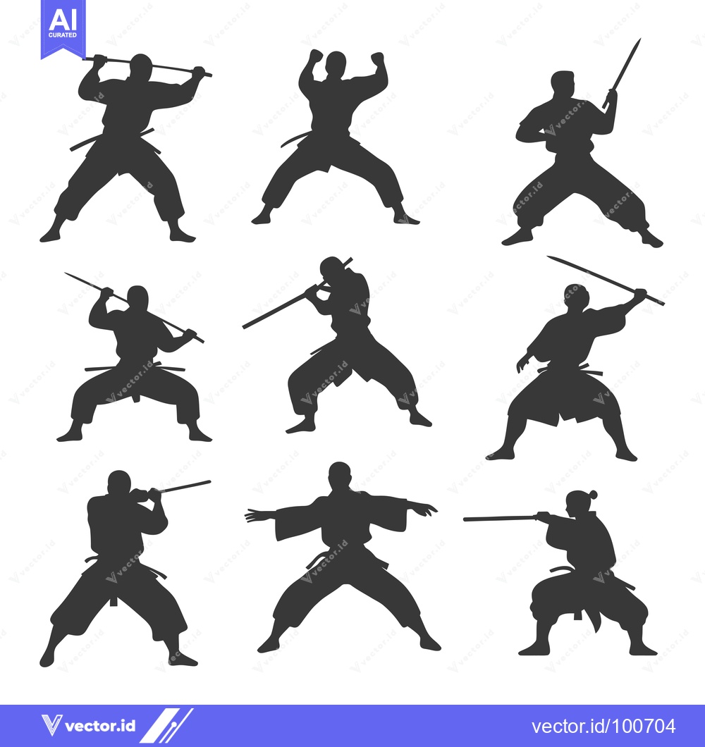 Premium Vector dari Silhouettes of Nine Ninjas in Various Fighting Poses with Swords and S