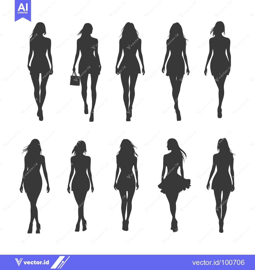 Premium Vector dari Silhouettes of Nine Women in Dresses Walking