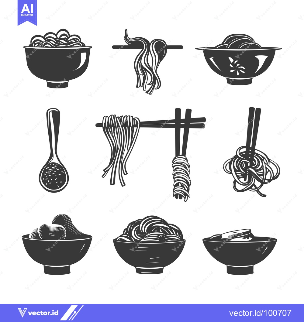 Premium Vector dari Silhouettes of Noodles in Bowls, with Chopsticks and a Spoon