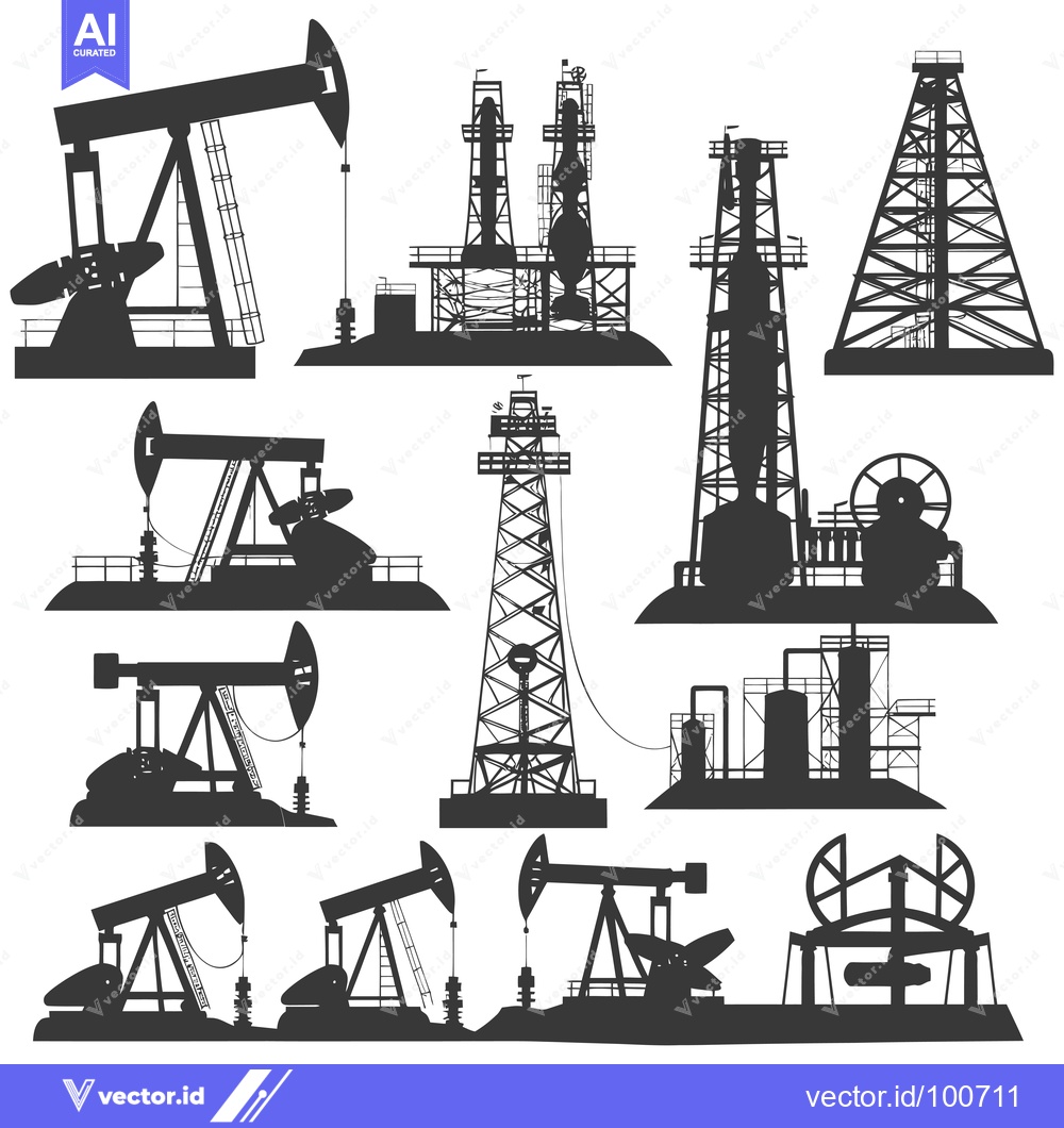 Premium Vector dari Silhouettes of Oil Rigs and Pump Jacks