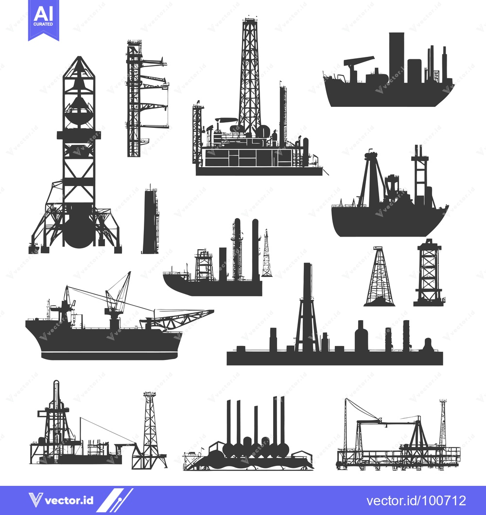 Premium Vector dari Silhouettes of Oil Rigs, Platforms, and Ships