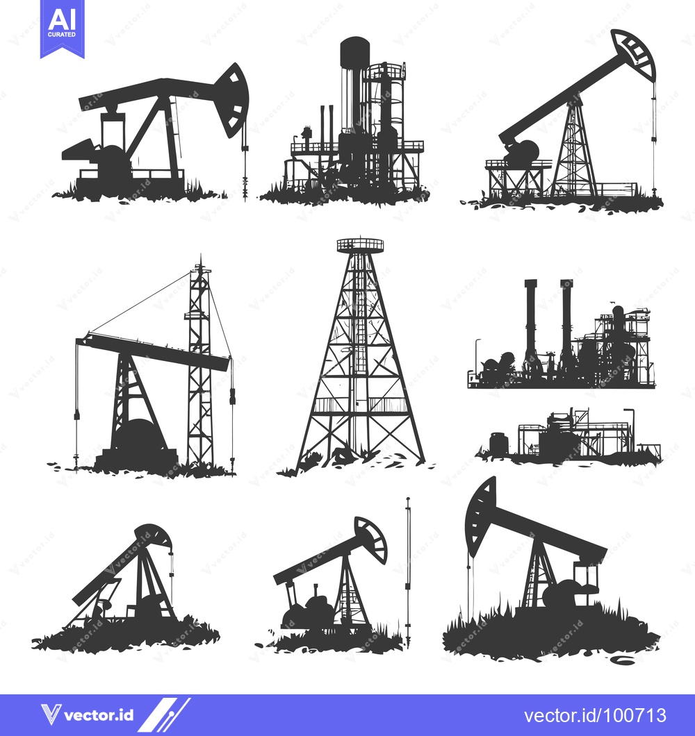 Premium Vector of Silhouettes of Oil Rigs, Pumps, and Refinery Equipment