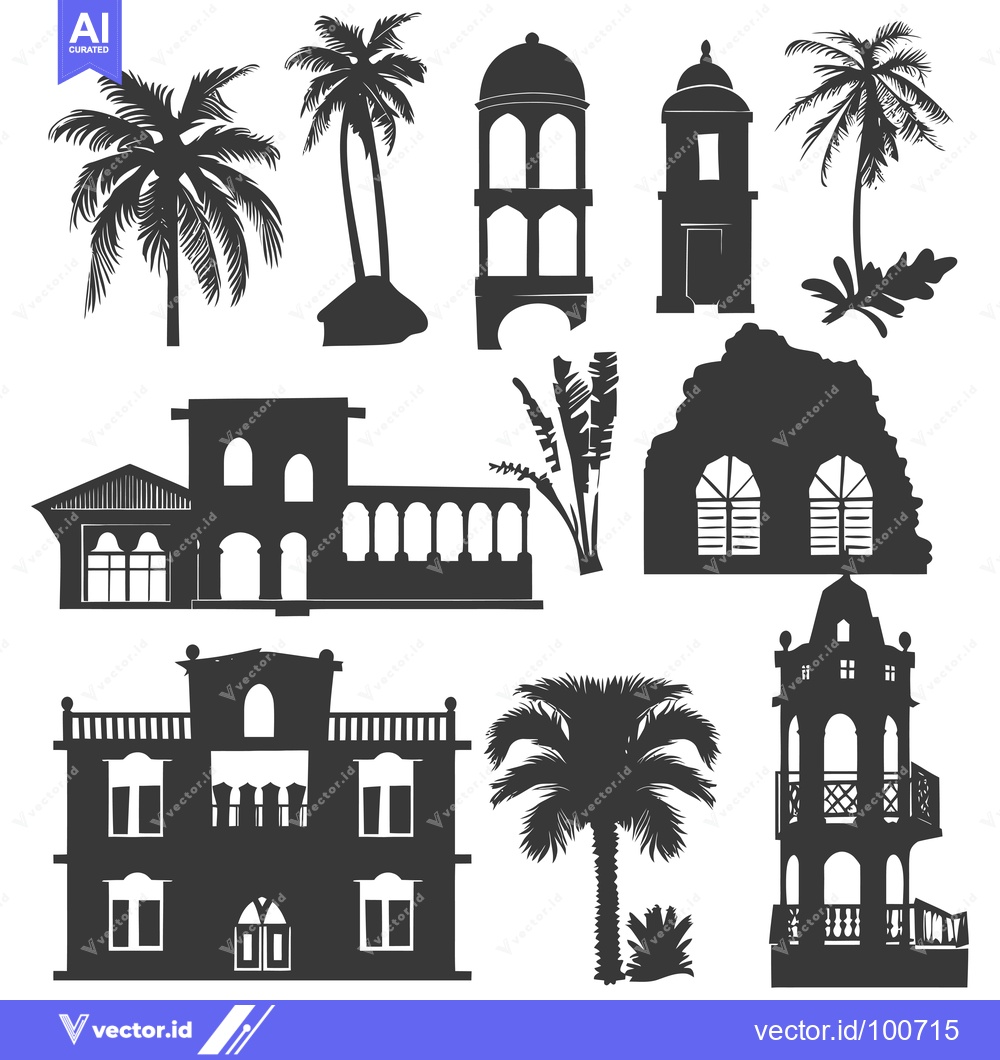 Premium Vector of Silhouettes of Palm Trees, Buildings, and a Ruin in a Tropical Setting
