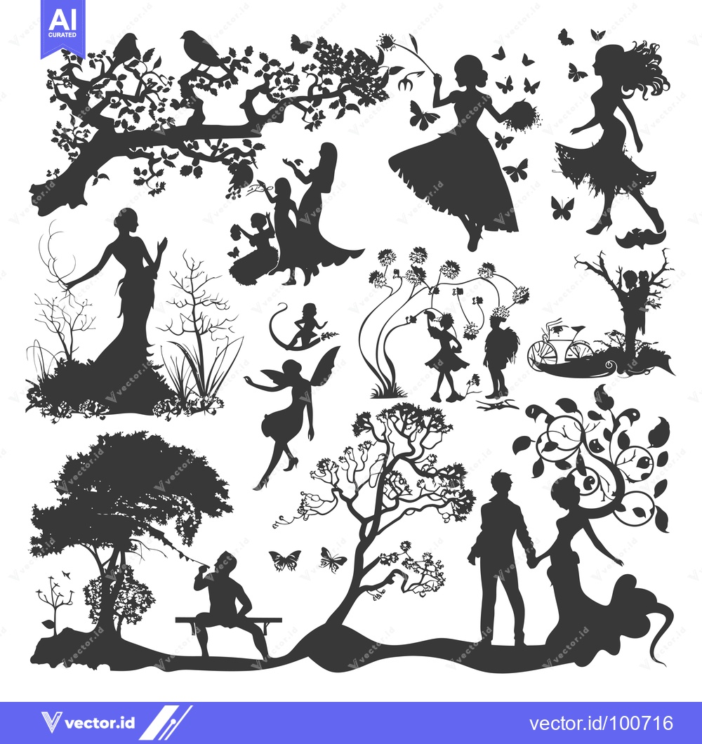 Premium Vector dari Silhouettes of People and Nature in a Whimsical Setting