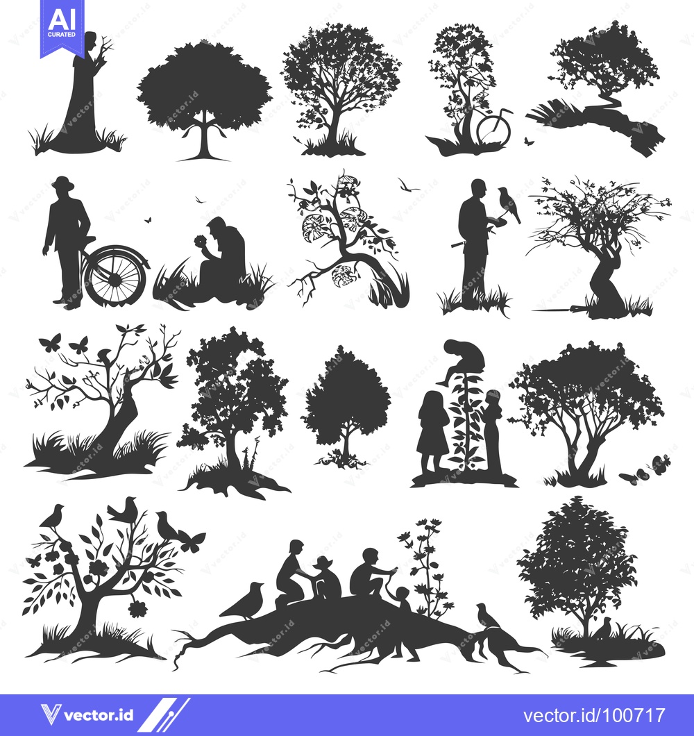 Premium Vector dari Silhouettes of People and Trees in a Natural Setting