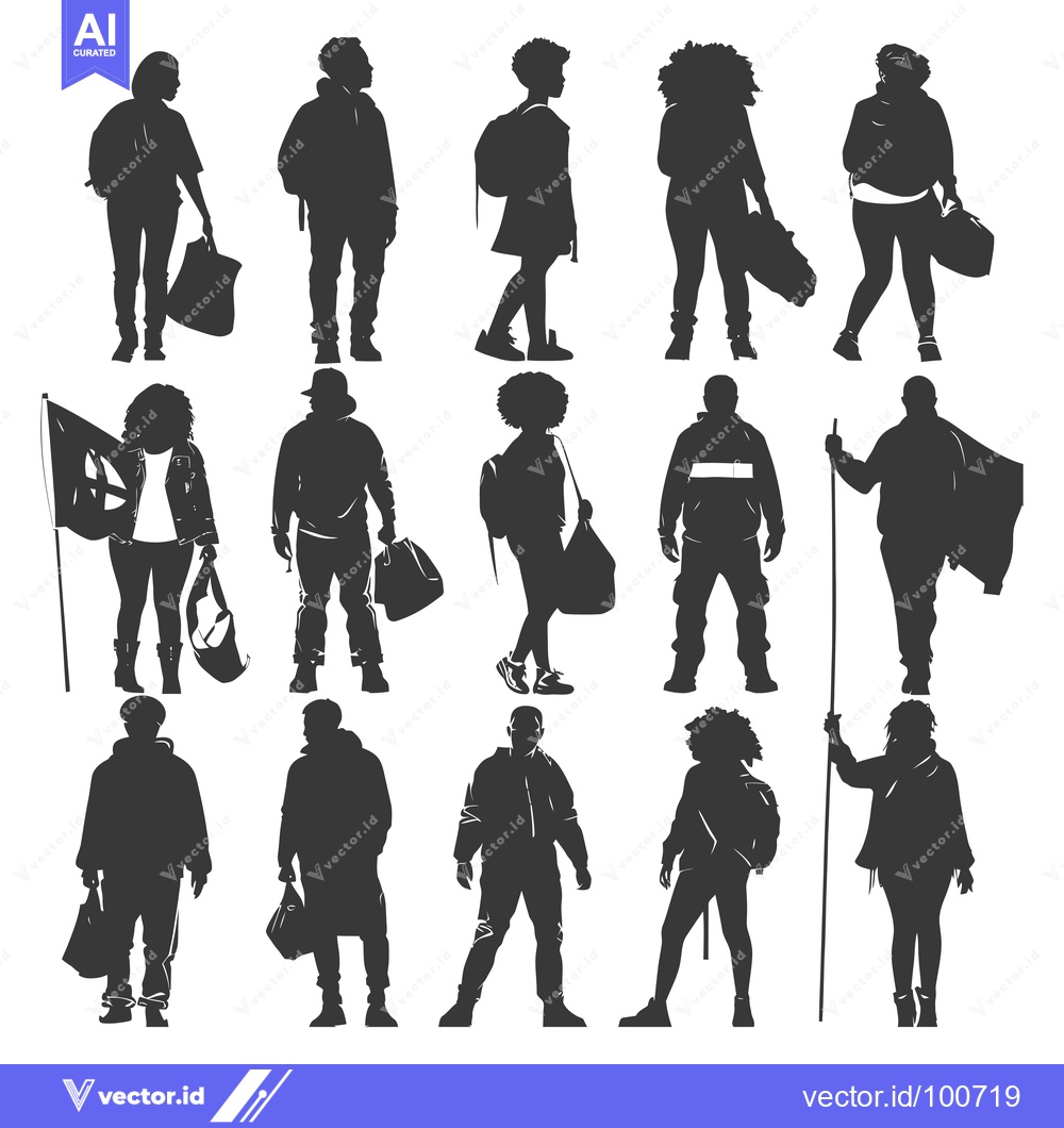 Premium Vector of Silhouettes of People Carrying Bags and Walking with Sticks