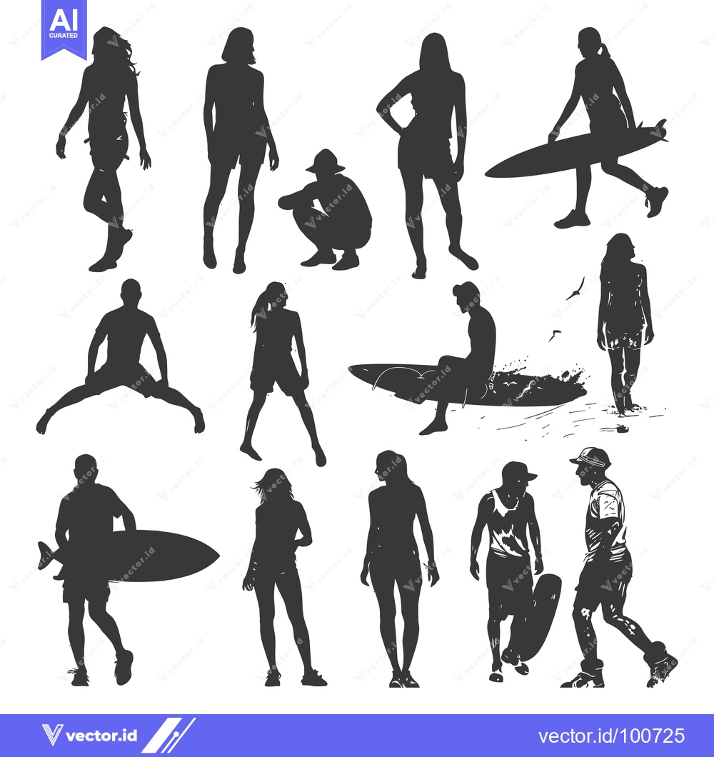 Premium Vector of Silhouettes of People Enjoying the Beach and Surf