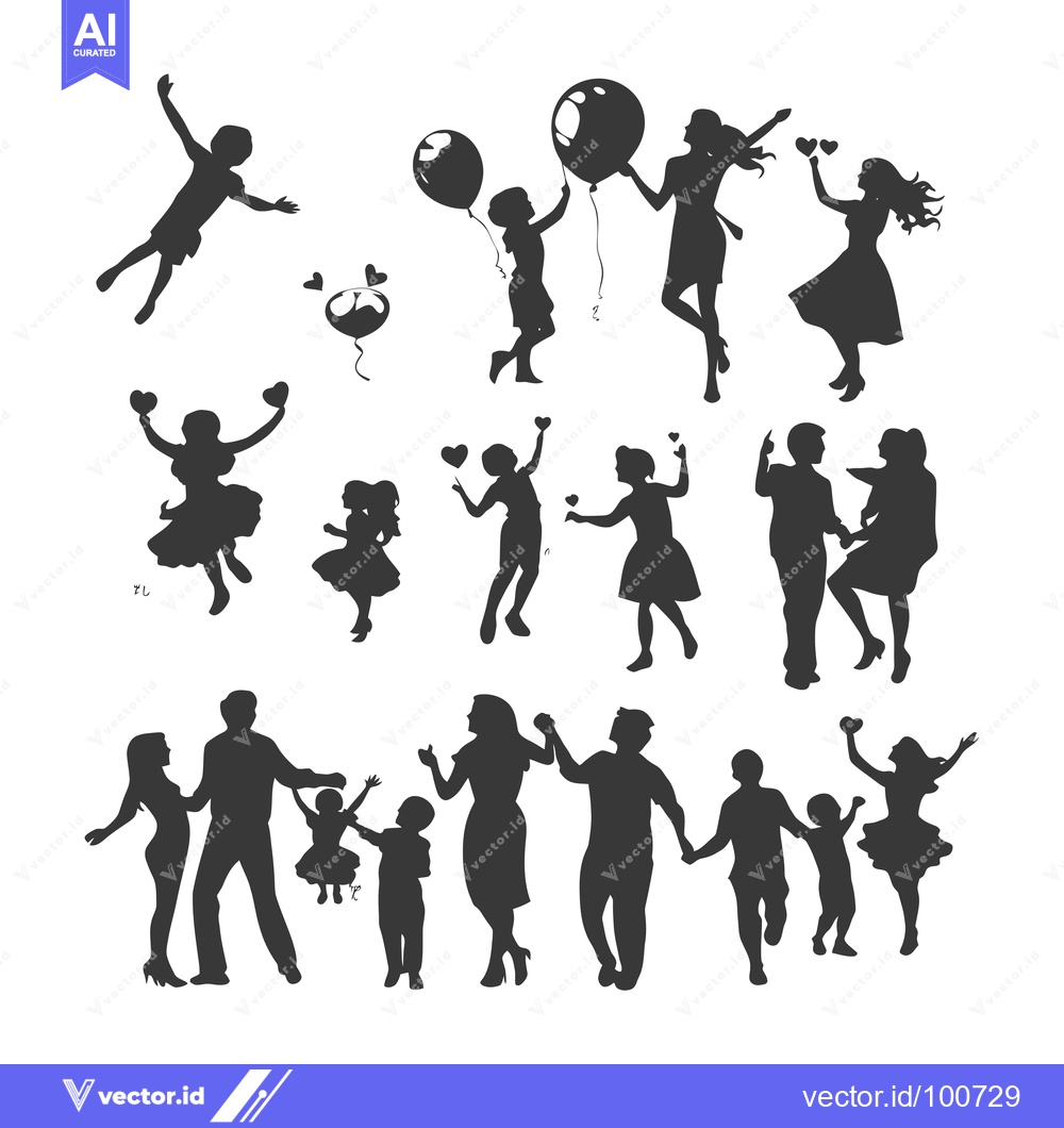 Premium Vector of Silhouettes of People, Families, and Children Celebrating with Balloon