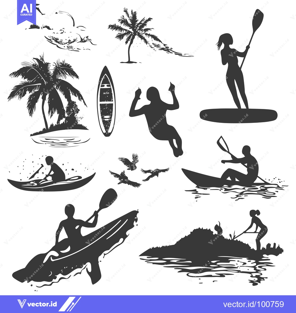 Premium Vector dari Silhouettes of People Kayaking, Stand-Up Paddleboarding, and Jumping i