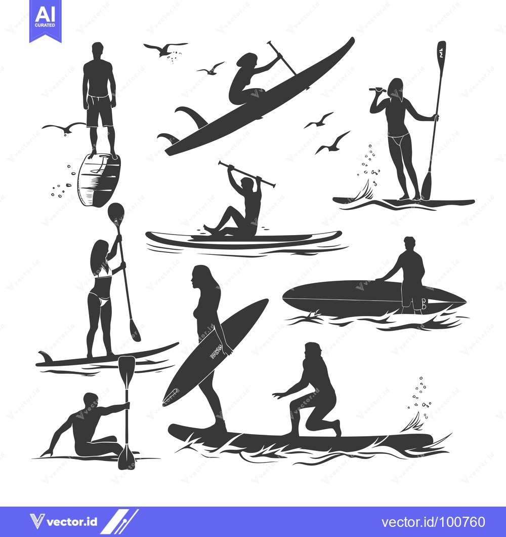 Premium Vector dari Silhouettes of People Paddleboarding and Surfing on the Ocean