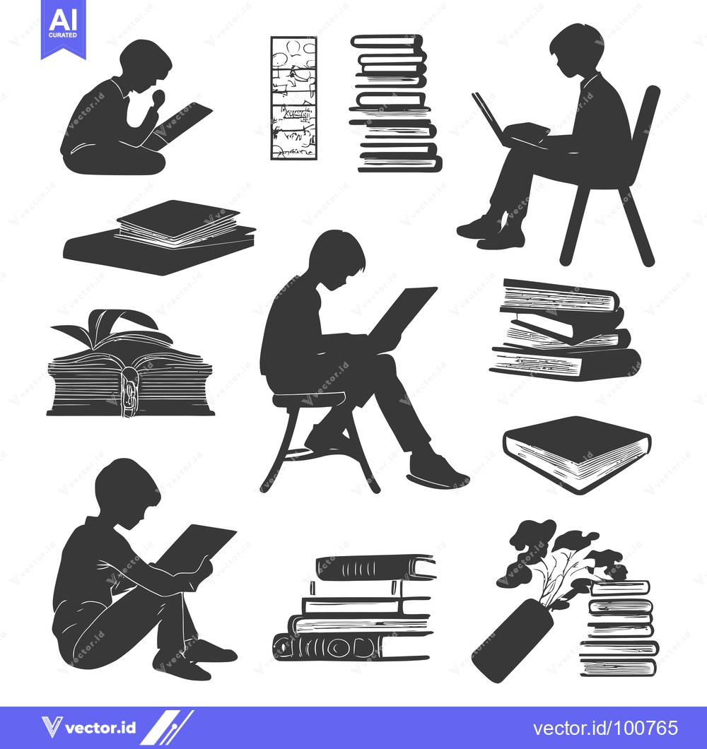 Premium Vector of Silhouettes of People Reading Books and Stacks of Books