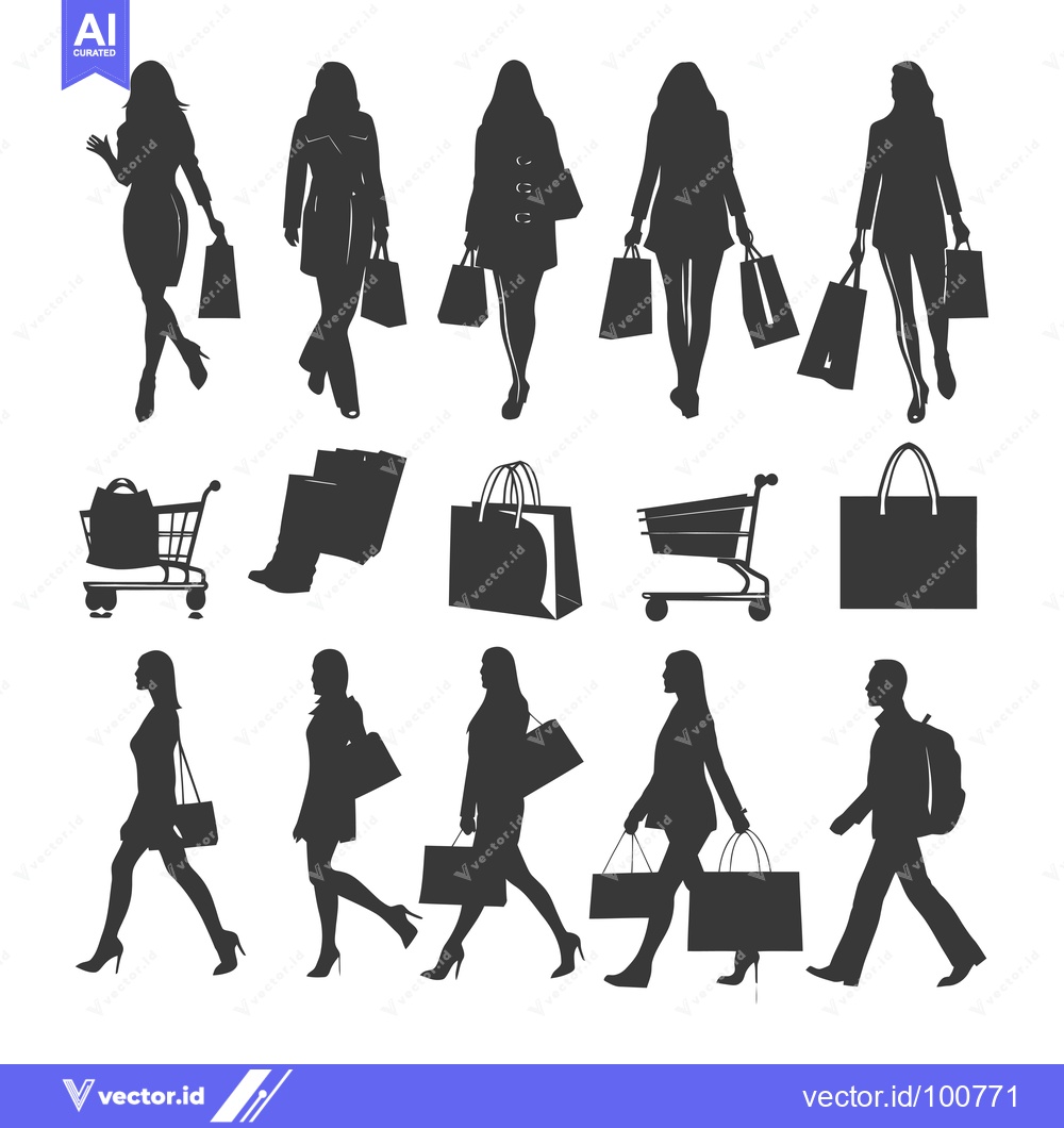 Premium Vector of Silhouettes of People Shopping with Bags and Carts