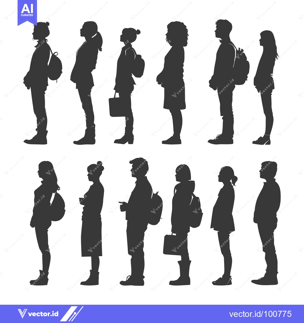 Premium Vector of Silhouettes of People Standing in a Line, Some With Backpacks